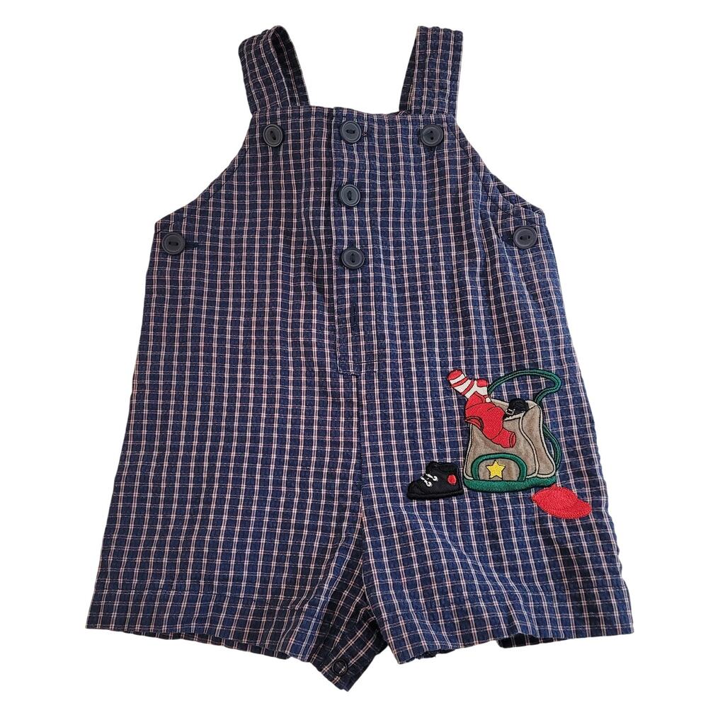 Samara Blue Gingham Plaid Romper 6‑9M Sports Bag Applique Cotton Blend Unisex